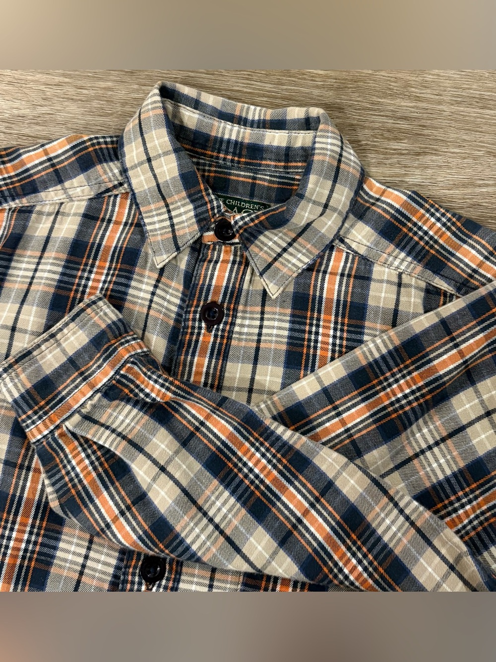 The Children's Place Plaid Button-Down Shirt - Navy, Tan & Orange size 6/7